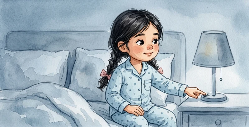 The girl, in bed in light-blue pyjamas, switches off the bedside lamp herself.