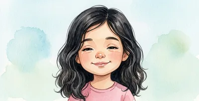 The girl's face with contented half-closed eyes, a soft smile and her head slightly tilted.
