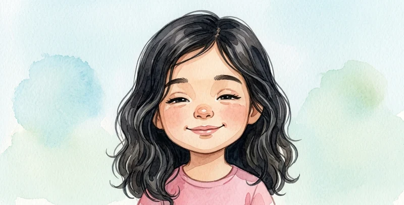 The girl's face with contented half-closed eyes, a soft smile and her head slightly tilted.