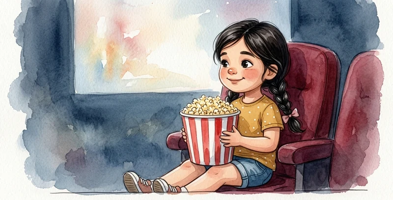 La niña, sentada en una butaca de cine con un cubo de palomitas, ante la pantalla iluminada.