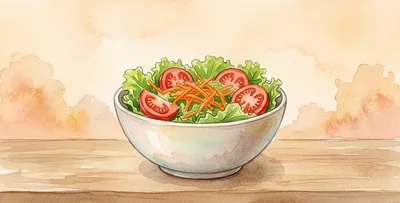 A bowl of salad with lettuce, tomato and carrot, on a wooden table.