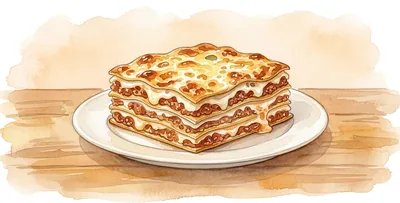 A slice of lasagne with its pasta layers showing and grilled cheese on top, on a wooden table.