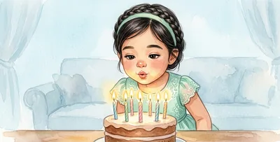 The girl blows out the candles on her birthday cake.