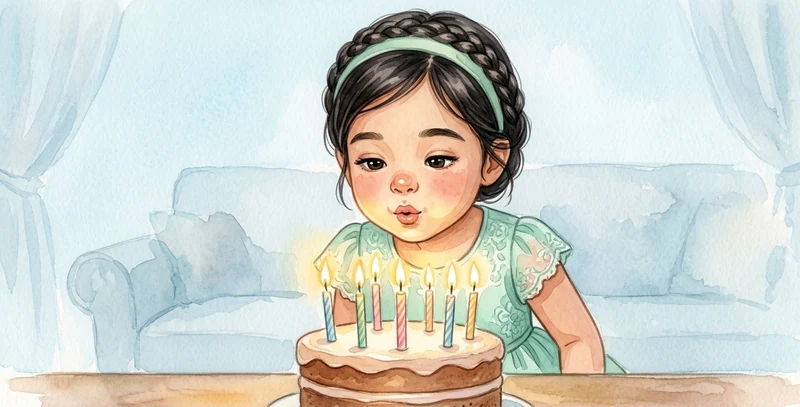 La niña sopla las velas de su tarta de cumpleaños.
