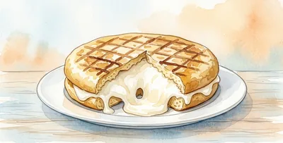 A golden Colombian arepa split open with melted white cheese, on a plate on a wooden table.