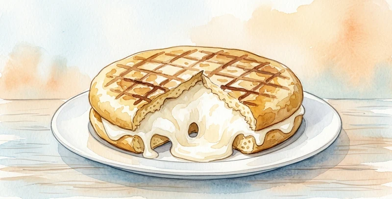 A golden Colombian arepa split open with melted white cheese, on a plate on a wooden table.