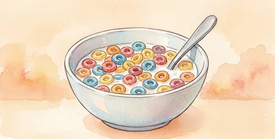 A bowl of milk with colourful cereal hoops and a spoon.