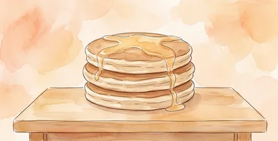 A stack of three pancakes with a drizzle of honey, on a wooden table.