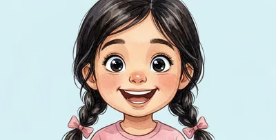 The girl's face with wide, bright eyes, a big smile and raised eyebrows.