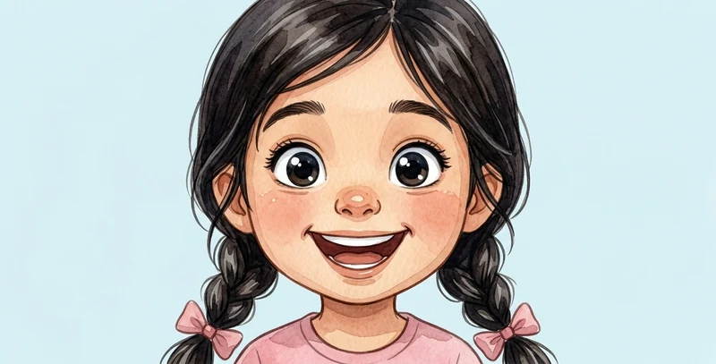The girl's face with wide, bright eyes, a big smile and raised eyebrows.