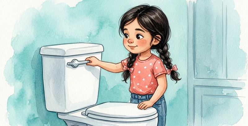 Standing calmly, the girl flushes the toilet herself.