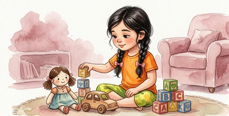 The girl plays on the floor with a doll, a toy car and some blocks.