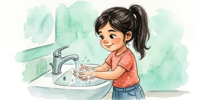The girl washes her hands by herself at the sink, with soap and the tap running.