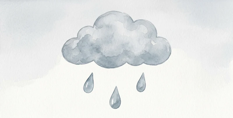 A grey cloud with three big raindrops falling.