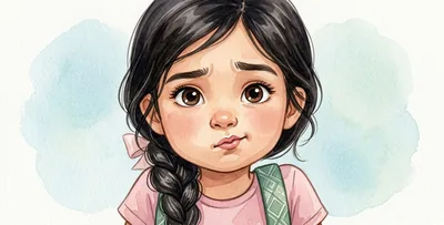 The girl's face with knitted eyebrows, a crooked mouth and raised shoulders.