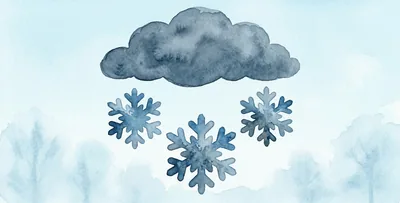 A blue-grey cloud with three big snowflakes falling.
