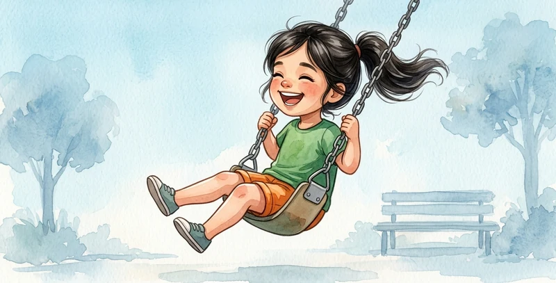 The girl swings high on a park swing, feet in the air.