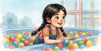 The girl peeks out of a pit of colourful balls.