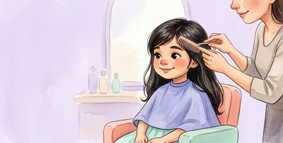 The girl sits calmly in a hairdresser's cape while a hairdresser combs her fringe.