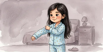 The girl puts her pyjamas on before bed.