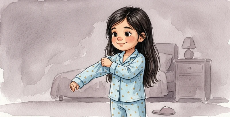 The girl puts her pyjamas on before bed.